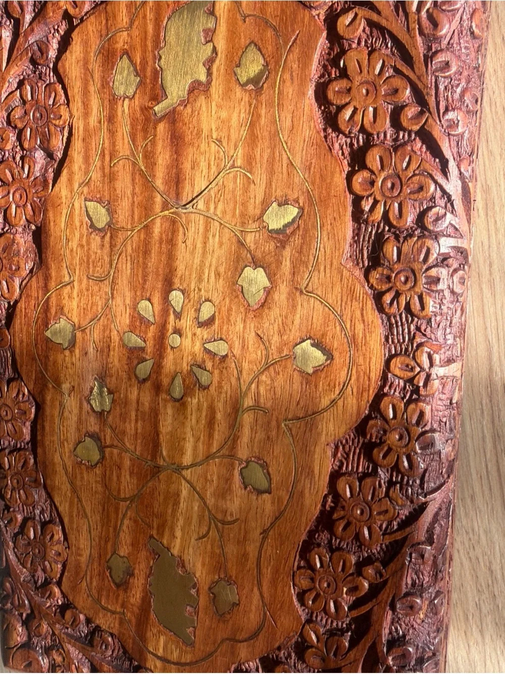 Hand-Carved Wooden Jewelry Box with Inlay
